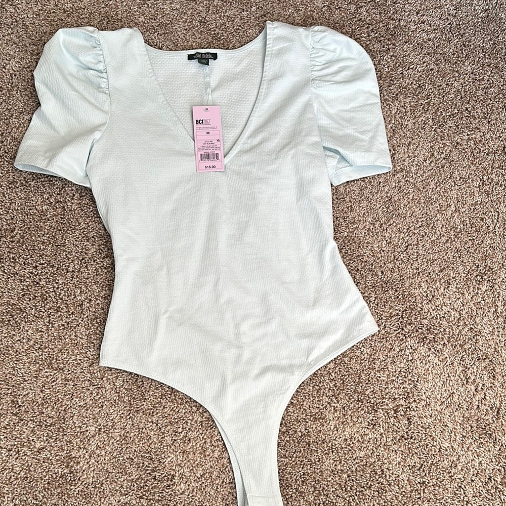 Chic Light Blue Puff Sleeve Bodysuit